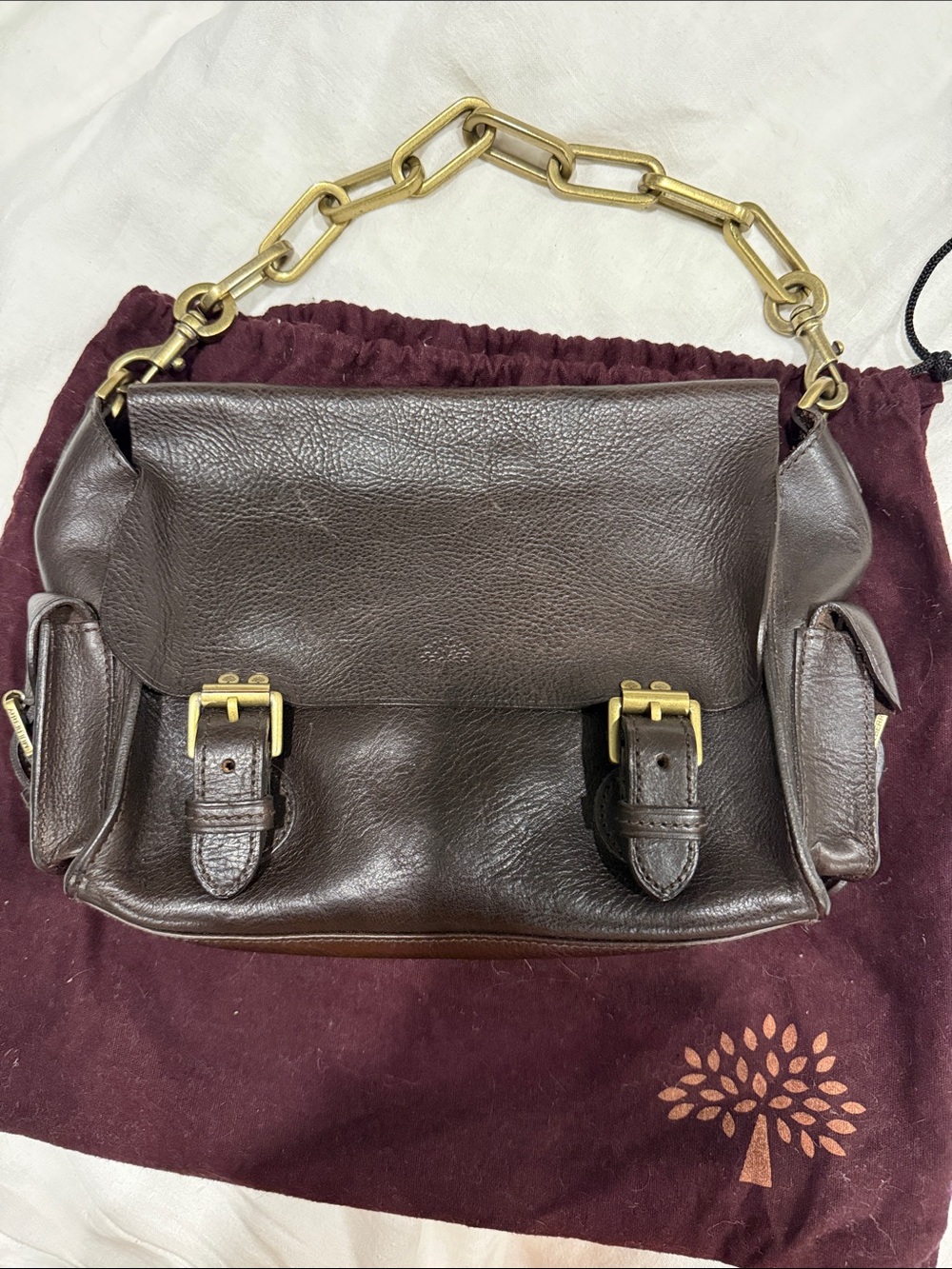 Mulberry Dark Brown Leather Shoulder Bag with Gold Chain Handle